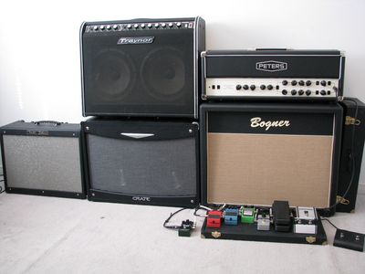 Amps
Fender Hot-Rod Deluxe, '78 Traynor YGL-3, Crate v212B 2x12 cabinet, Peters 100w Profesional Series Halo/Polaris head, Bogner oversized 2x12 open back cabinet.
